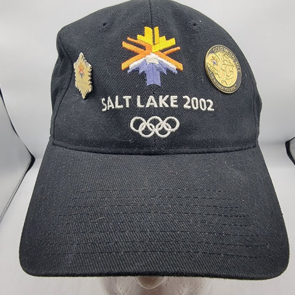 2002 Salt Lake City Olympic Hat And Pins Gold Medal Mile Pin Snow Flake Pin